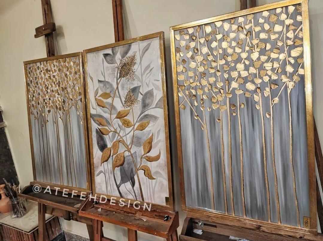 تابلو نقاشی برگ و درخت دکوراتیو* طوسی ورق طلا|تابلو، نقاشی، عکس|تهران, عباس‌آباد|دیوار