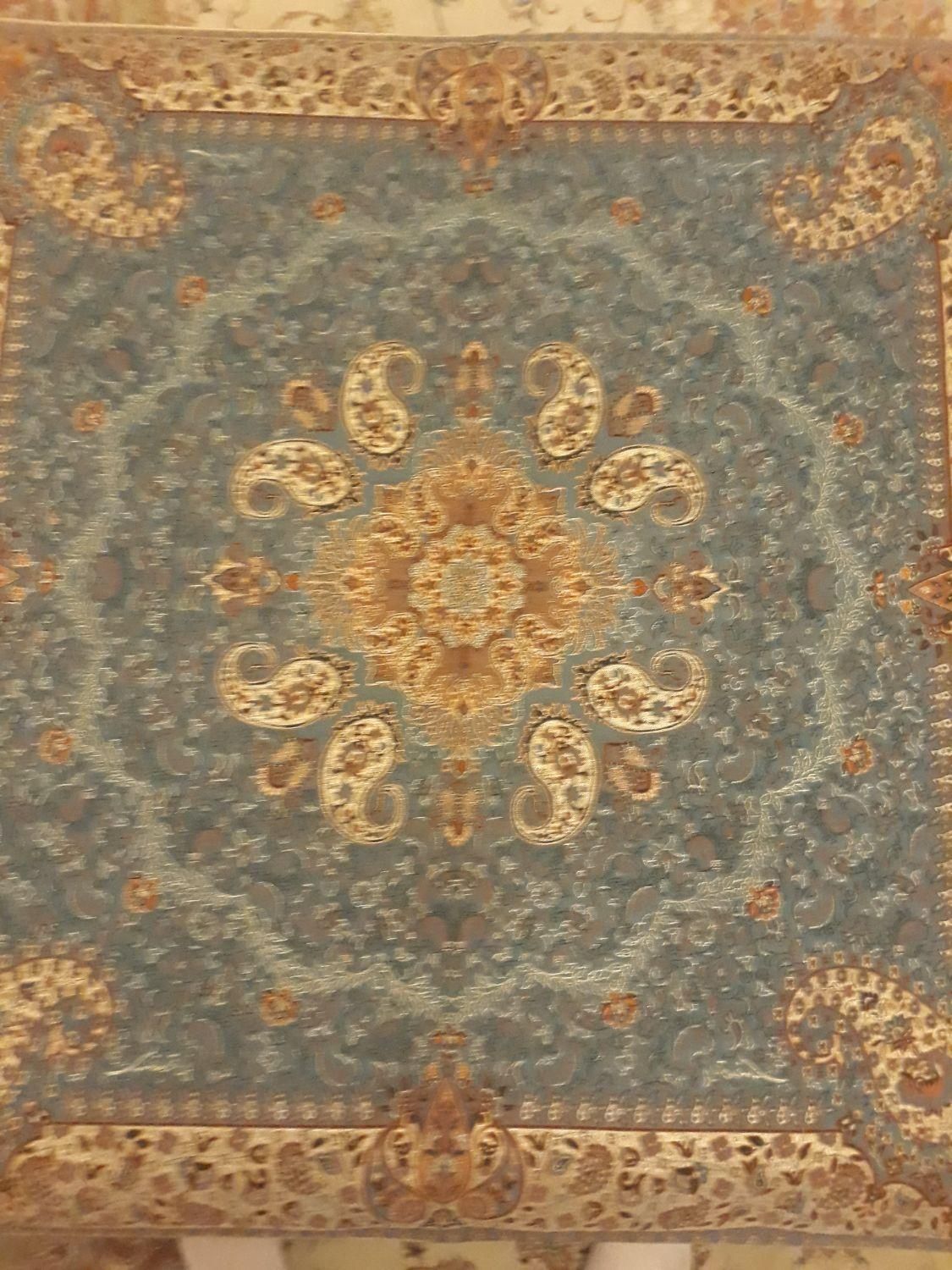 پارچه ترمه رو میزی یزد فیروزه ای 84×84|صنایع دستی و سایر لوازم تزئینی|تهران, پرستار|دیوار