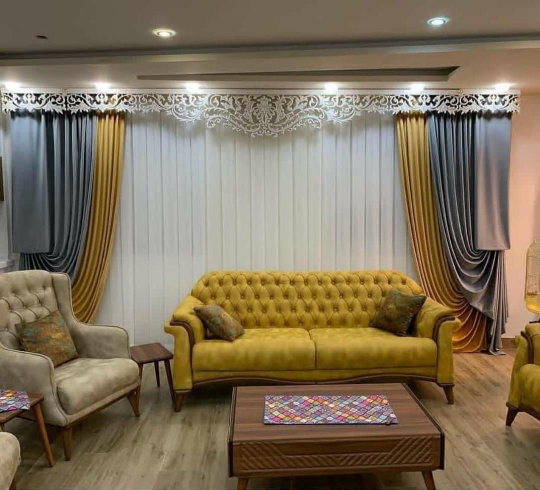 پرده پذیرایی با حریر ترک و مخمل کولمبو|پرده، رانر، رومیزی|تهران, پاسداران|دیوار