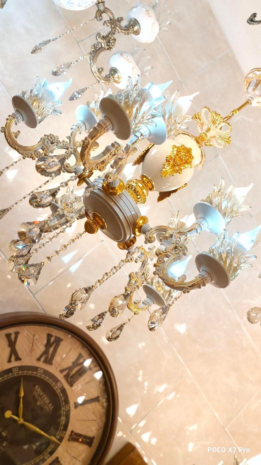 لوستر دوگل استاتیک کرم طلا فرانسه۴شاخه ۸لامپه بزرگ|لوستر و چراغ آویز|تبریز, |دیوار