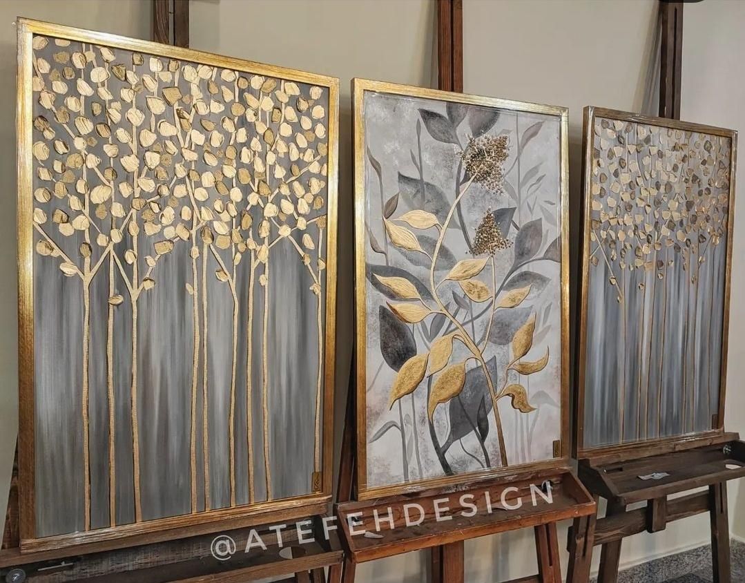 تابلو نقاشی برگ و درخت دکوراتیو* طوسی ورق طلا|تابلو، نقاشی، عکس|تهران, عباس‌آباد|دیوار