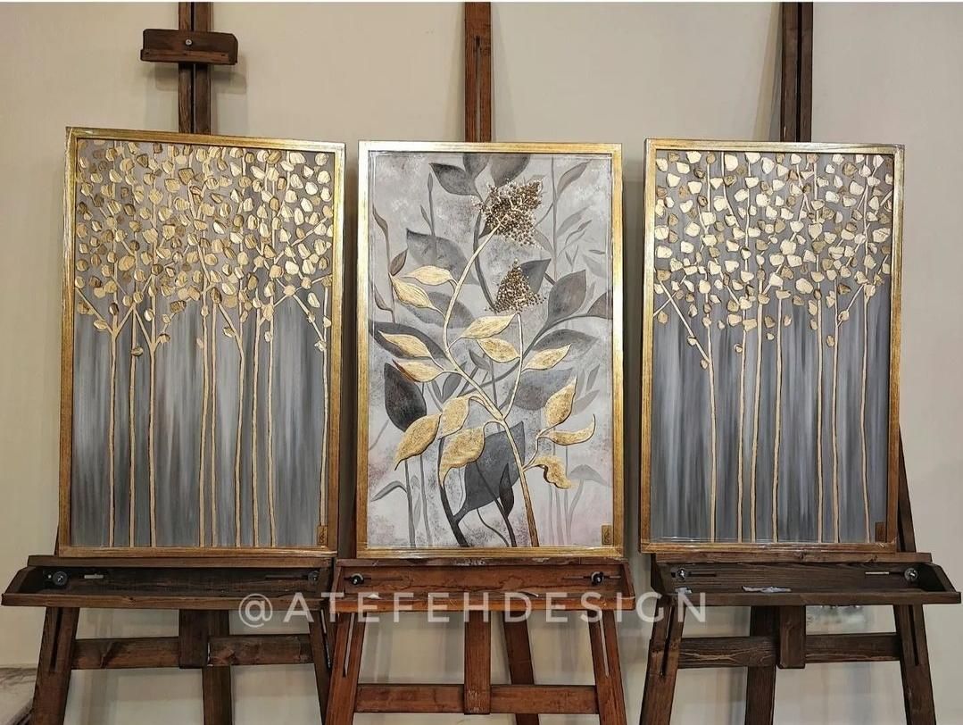تابلو نقاشی برگ و درخت دکوراتیو* طوسی ورق طلا|تابلو، نقاشی، عکس|تهران, عباس‌آباد|دیوار