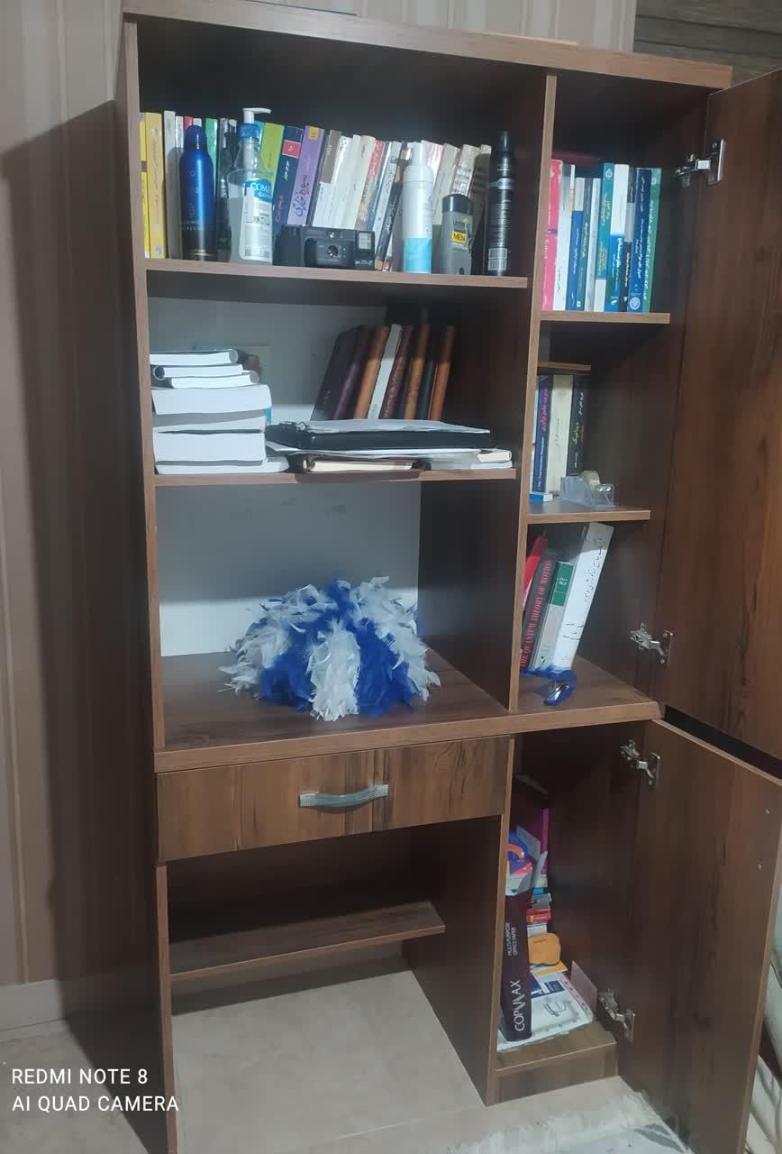 ویترین. میز تحریر با کتابخانه. قالیچه|کتابخانه، شلف، قفسه‌های دیواری|اندیشه, |دیوار
