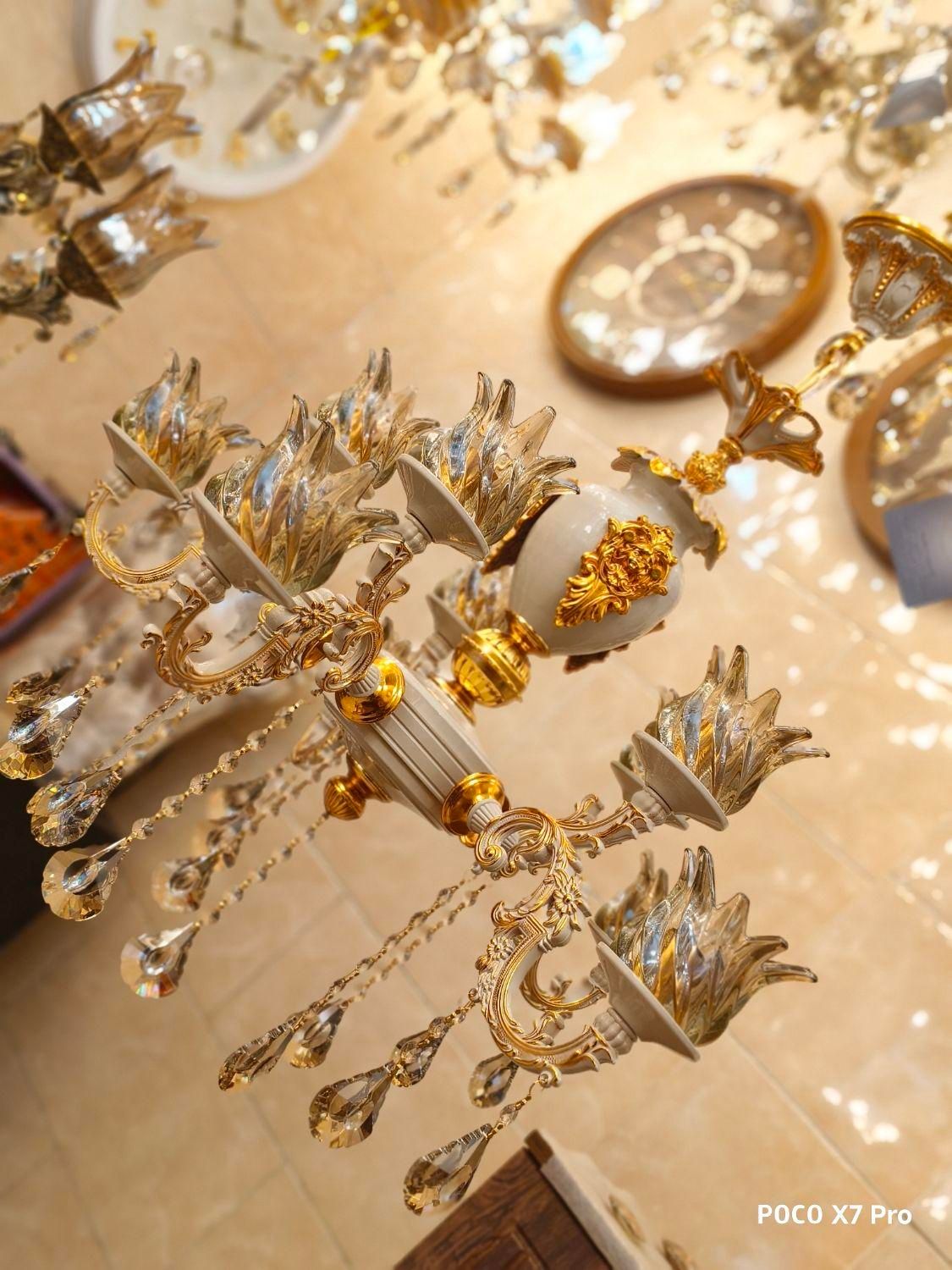 لوستر دوگل استاتیک کرم طلا فرانسه۴شاخه ۸لامپه بزرگ|لوستر و چراغ آویز|تبریز, |دیوار