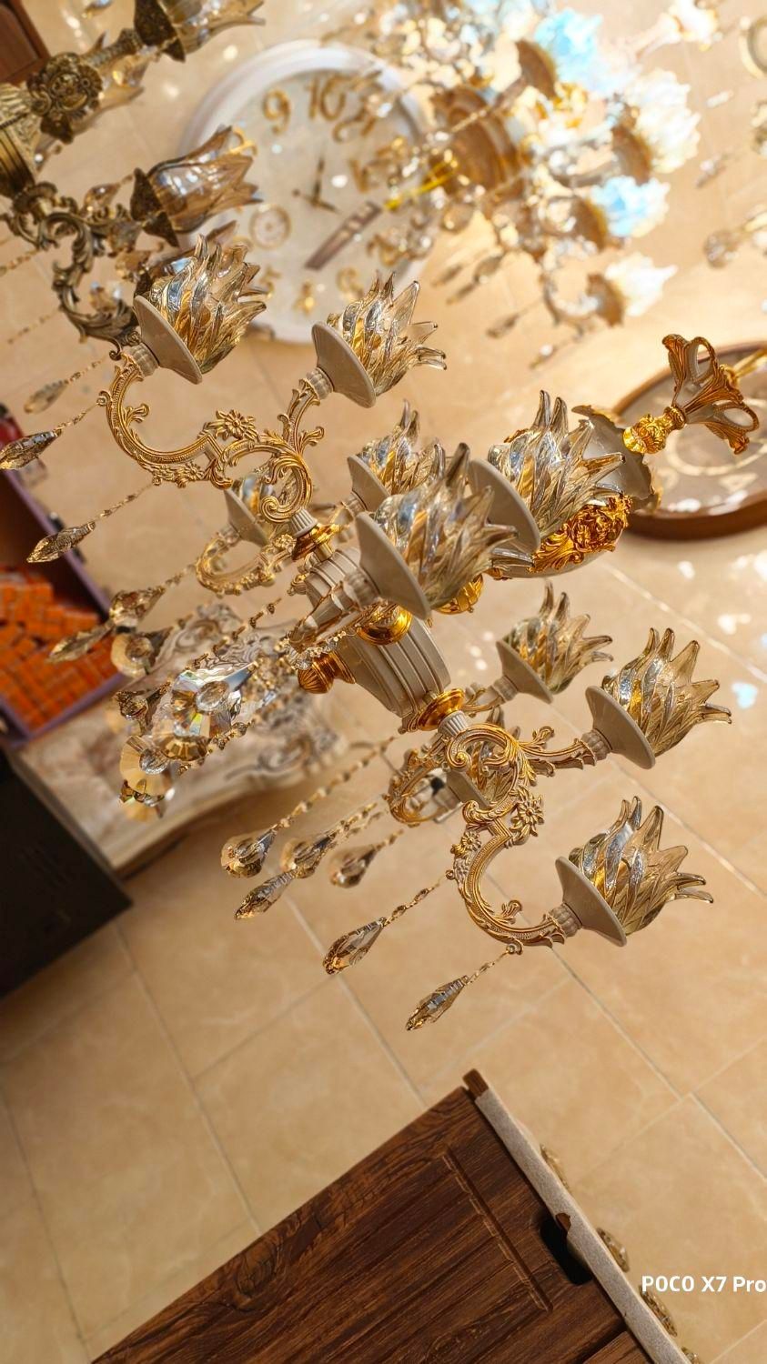 لوستر دوگل استاتیک کرم طلا فرانسه۴شاخه ۸لامپه بزرگ|لوستر و چراغ آویز|تبریز, |دیوار