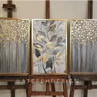 تابلو نقاشی برگ و درخت دکوراتیو* طوسی ورق طلا