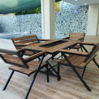 مبلمان میز و صندلی چوبی فلز باغی ویلا باغ کافه چوب