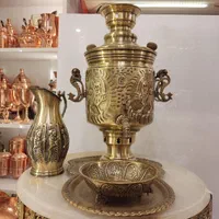 ست سماور ذغالی برنجی/همراه سرویس/تولیدی کویر مس|قوری، کتری، قهوه‌ساز دستی|یزد, |دیوار