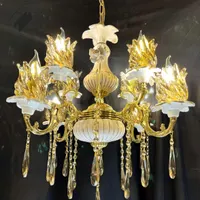 لوستر ۴شاخه ۸شعله سرامیکی خطی با گل اصل برنجی