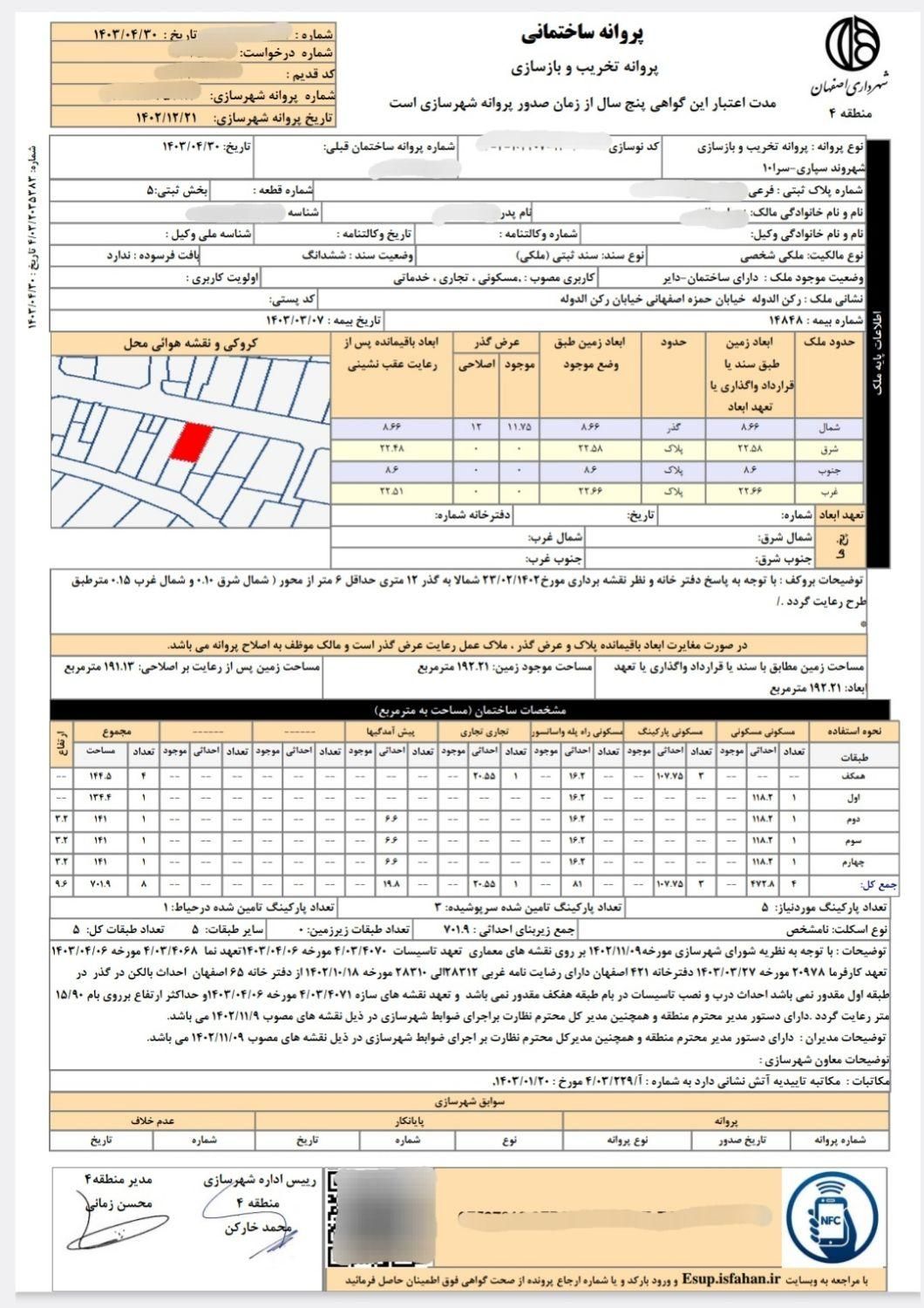 ارتفاع دار 192m پروانه 5 سقف تجاری مسکونی خ بزرگهر|فروش زمین و ملک کلنگی|اصفهان, رکن الدوله غربی|دیوار