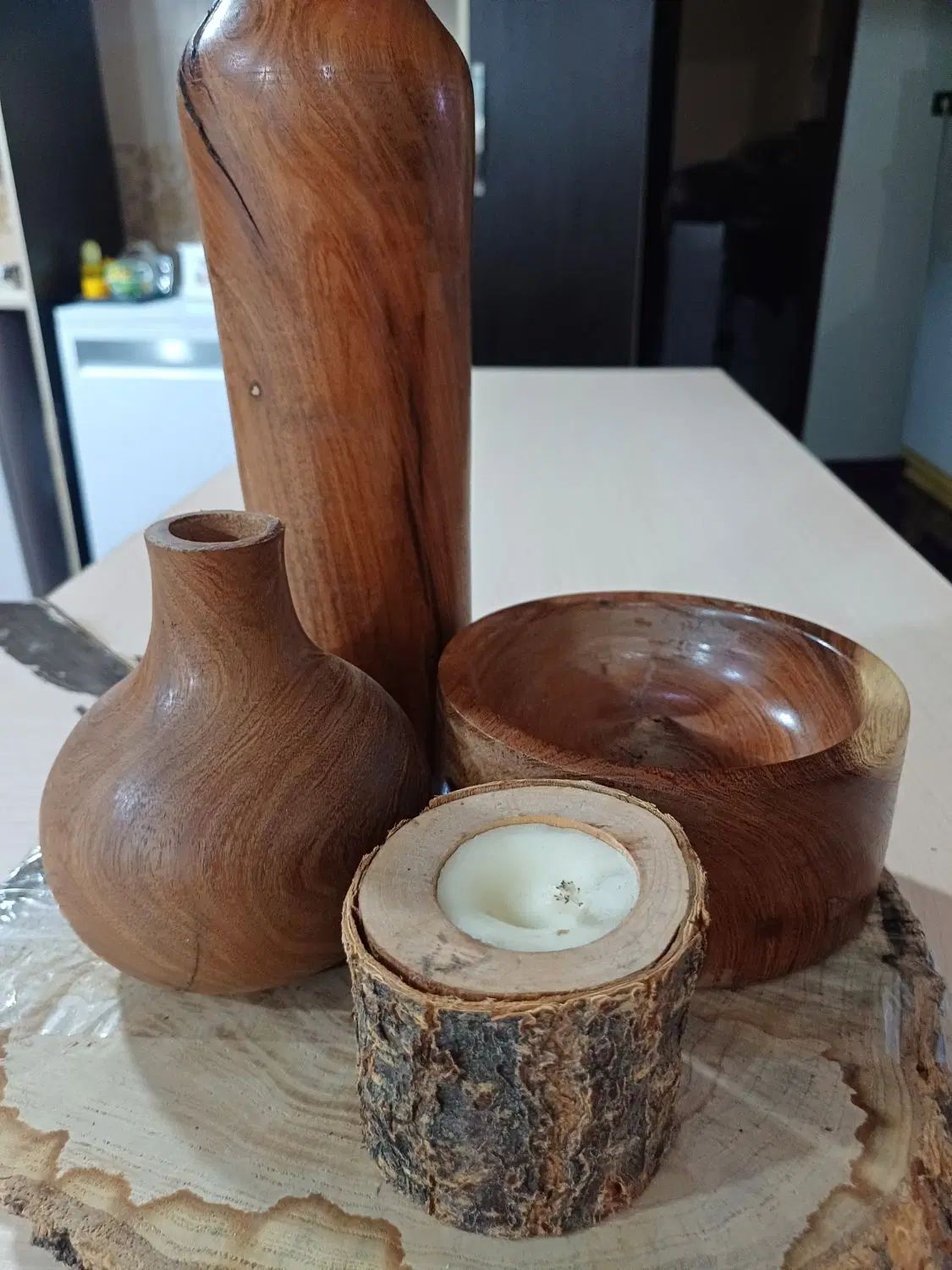 ست گلدان جاعودی جاشمعی وزیره تنه درخت چوب گردو|صنایع دستی و سایر لوازم تزئینی|ایذه, |دیوار