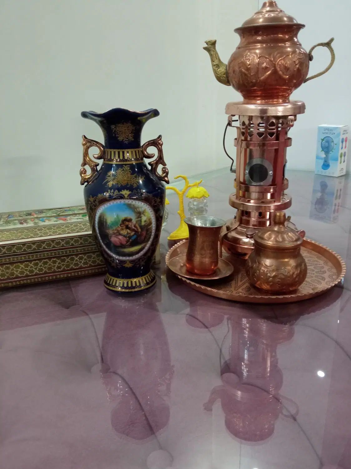 سرویس مس چراغ قوری قندان استکان با نلبکی|صنایع دستی و سایر لوازم تزئینی|تهران, علم و صنعت|دیوار