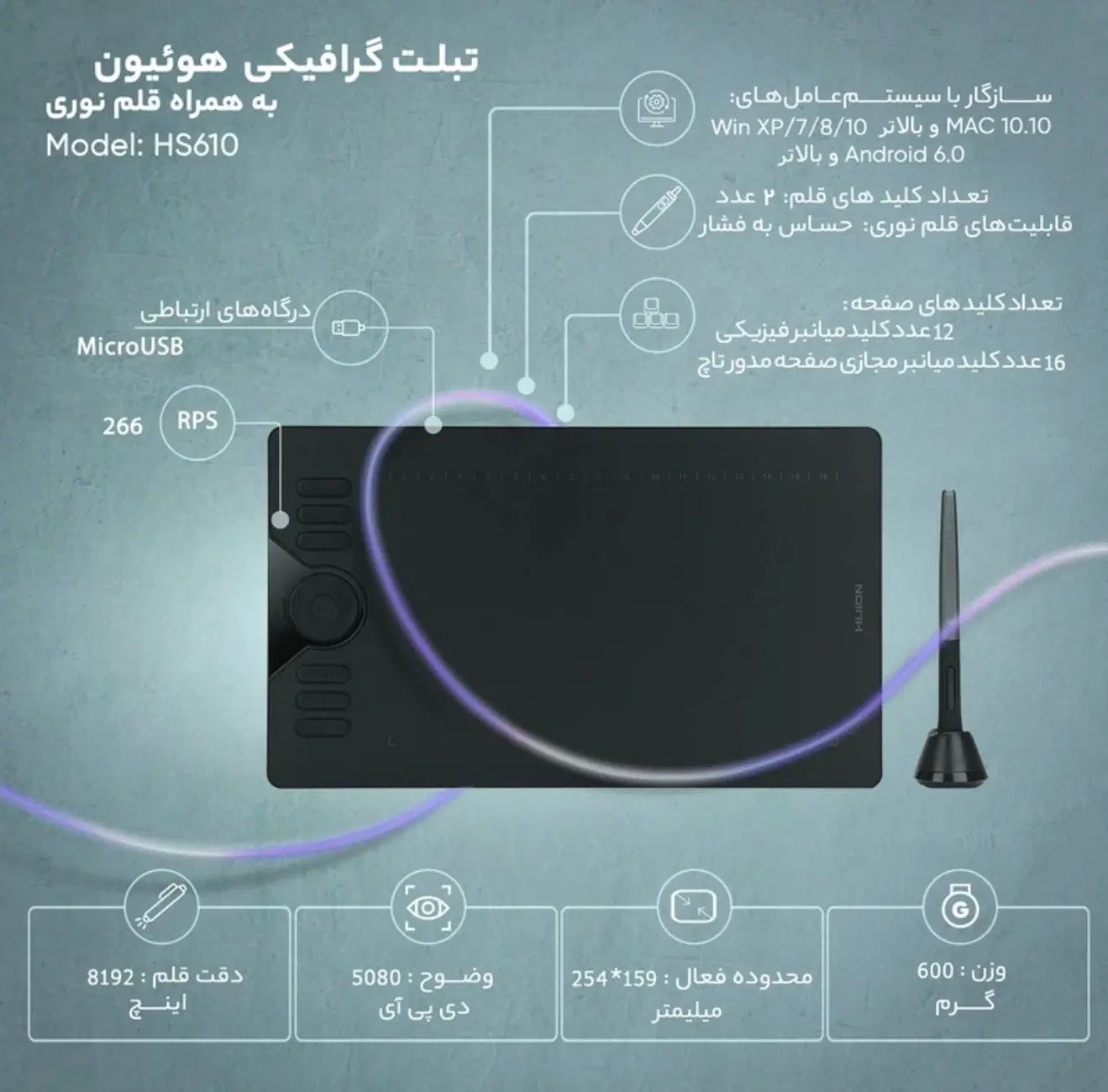 تبلت گرافیکی هوئون مدل HS610 با قلم نوری|تبلت|اصفهان, چرخاب|دیوار