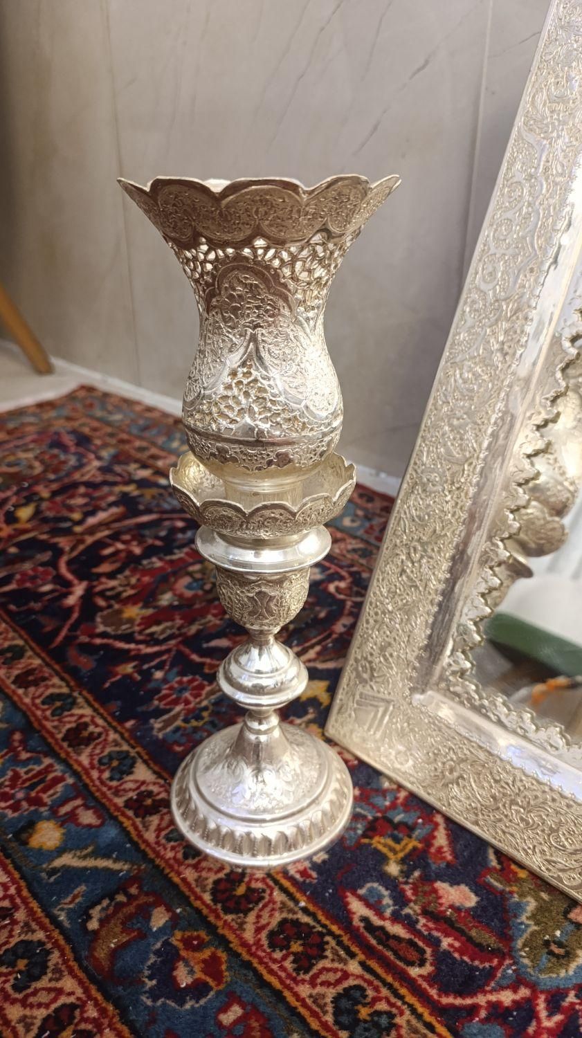آیینه شمعدان برنج ابکاری نقره|آینه|پردیس, فاز ۱|دیوار
