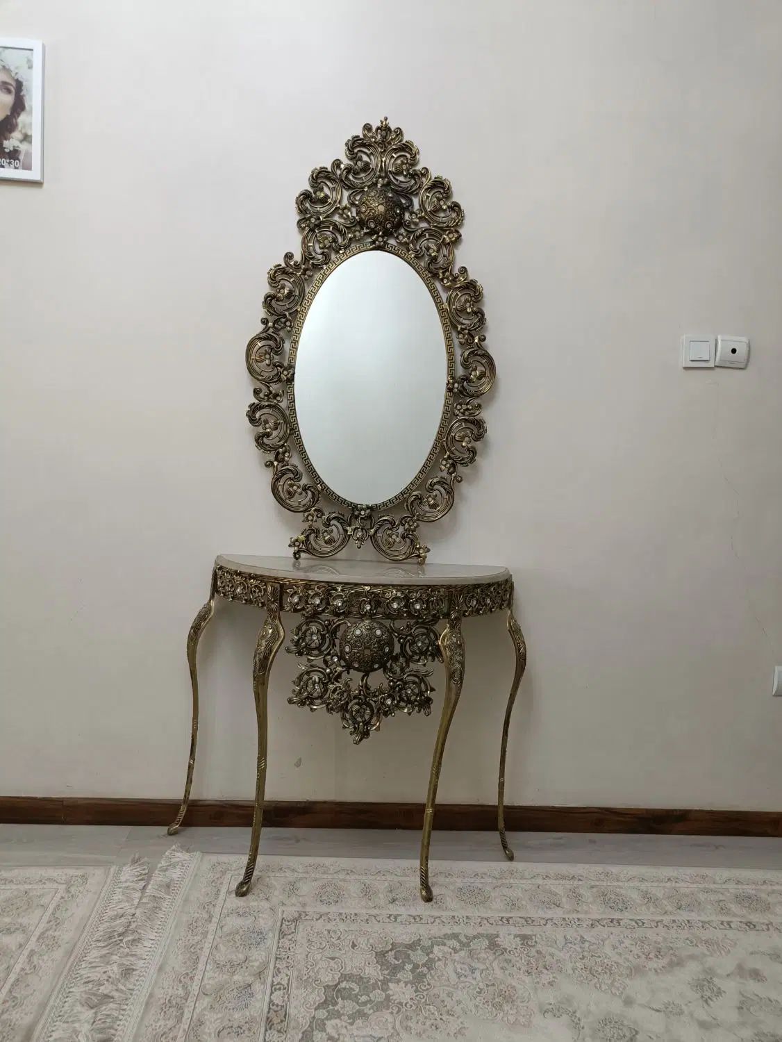 آینه کنسول برنجی،ساعت،جاکلیدی،۳عددمجسمه فرشته|بوفه، ویترین، کنسول|فردیس, منظریه|دیوار