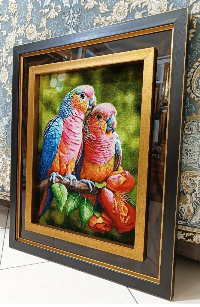 تابلو فرش دستباف تبریز/یک جفت مرغ عشق زیبا|تابلو فرش|تهران, استاد معین|دیوار