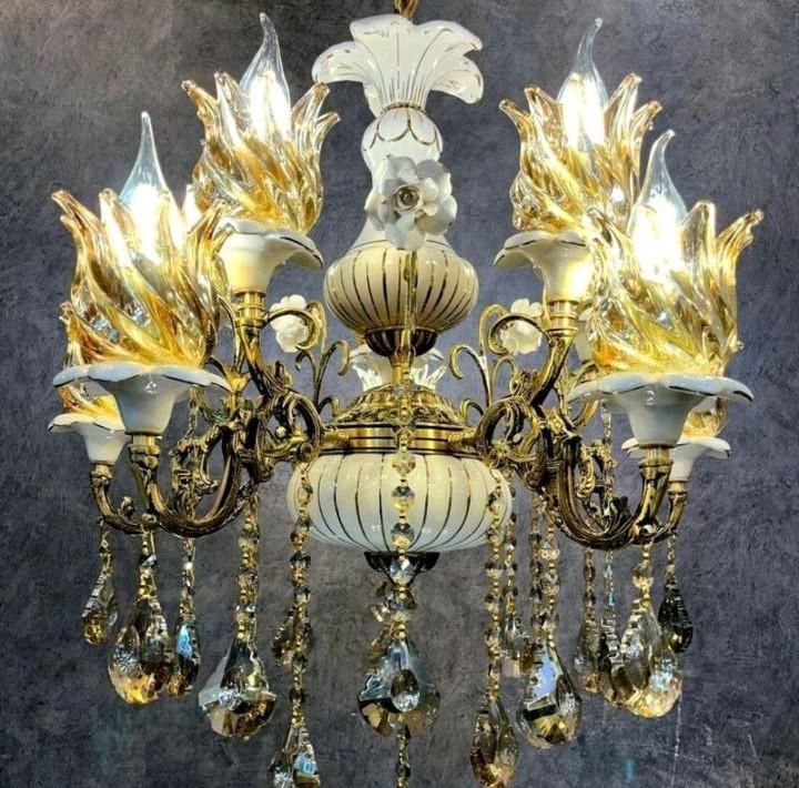 لوستر ۴ شاخه  ترکیبی برنج و سرامیک خطی|لوستر و چراغ آویز|بروجرد, |دیوار