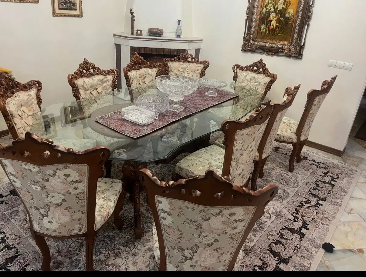 میز ناهارخوری شیشه ۱۰میل پایه منبت گلدانی صندلی‌ها|میز و صندلی غذاخوری|تهران, استقلال|دیوار