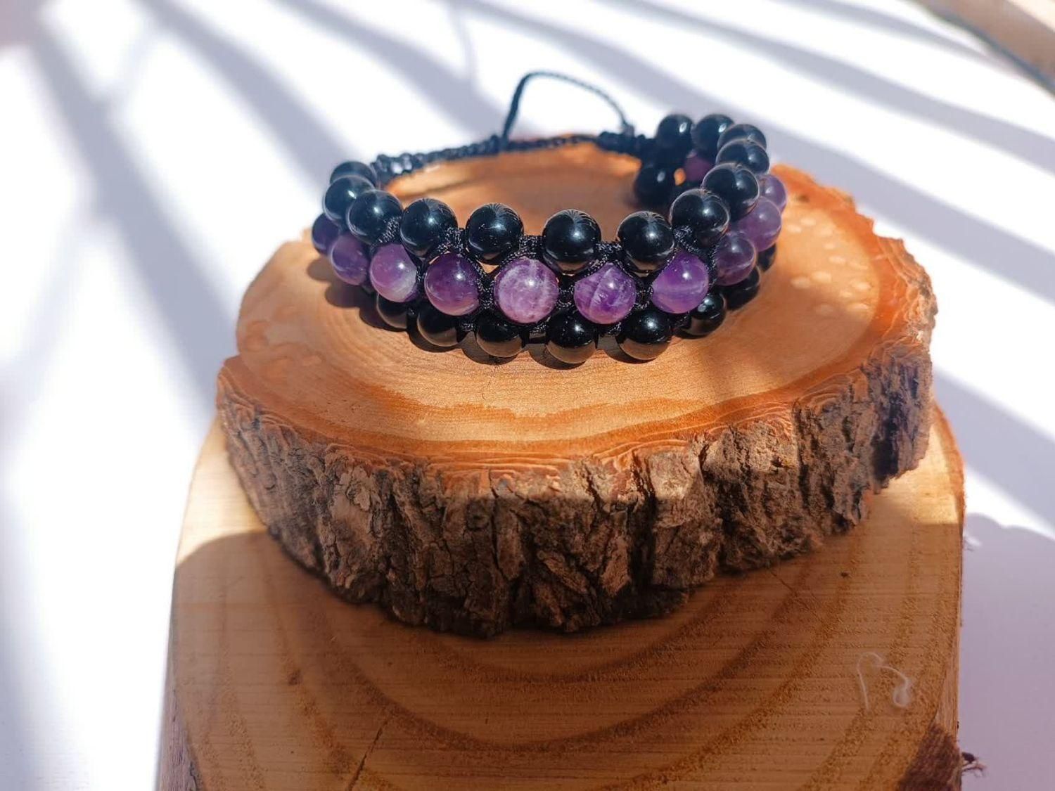 دستبند سه ردیفه سنگ آمیتیست و سنگ اونیکس|جواهرات|تهران, آهنگ|دیوار