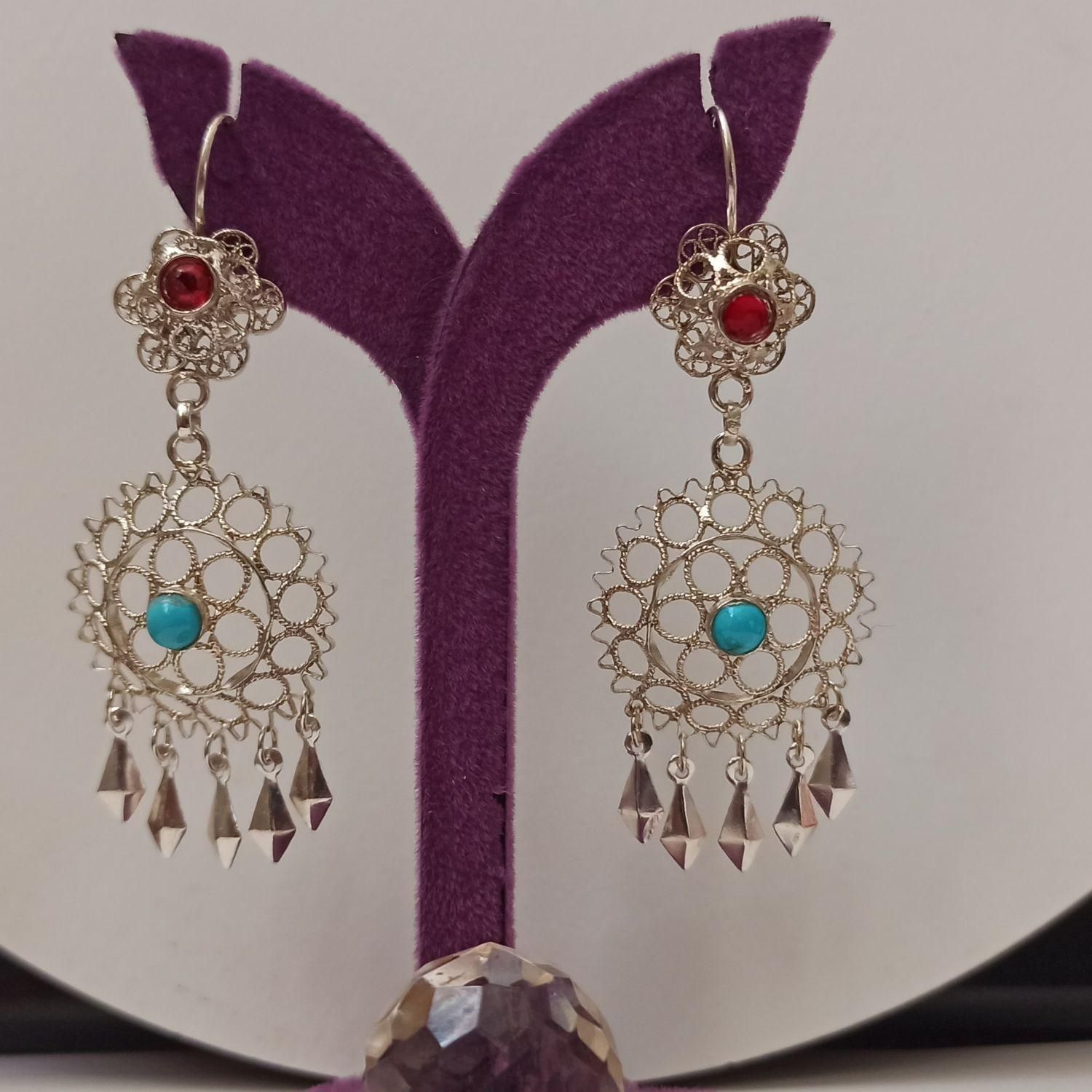 گوشواره نقره ملیله اصفهان نگین فیروزه نیشابورکد۵۱۲|جواهرات|اصفهان, مولوی|دیوار