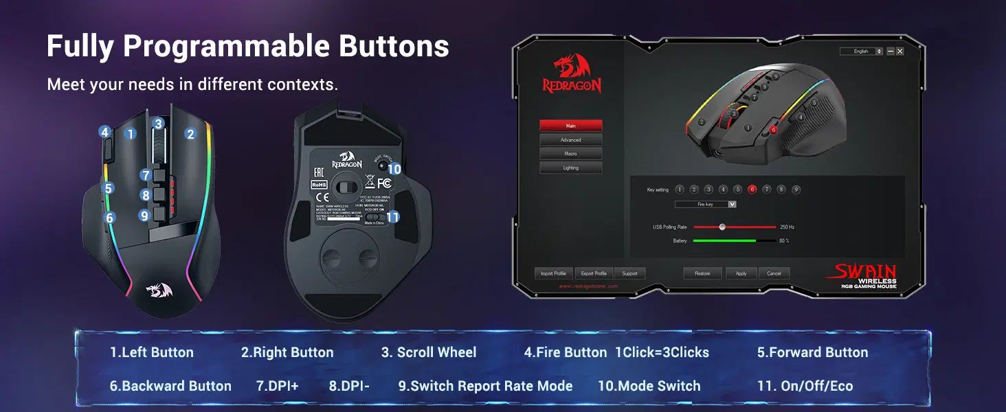 ماوس گیمینگ ردراگون مدل Redragon SWAIN M915 RGB-WL|قطعات و لوازم جانبی رایانه|رشت, گلسار|دیوار