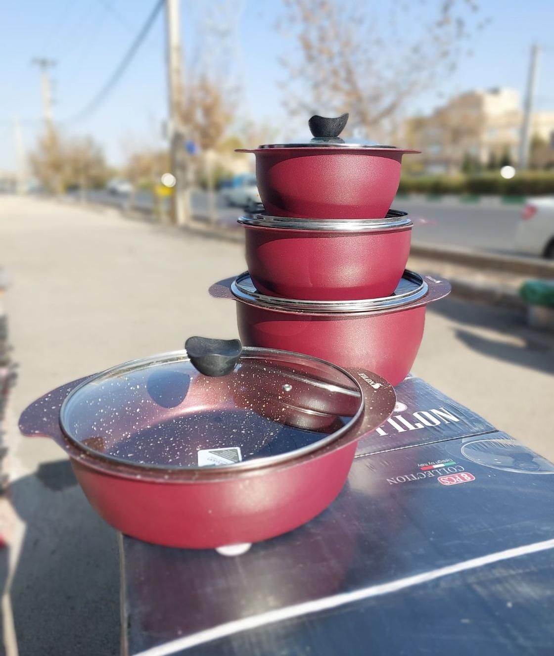 سرویس قابلمه و تابه 8 پارچه فیلون طرح چدن گرانیت|ظروف پختوپز|قم, ولیعصر|دیوار