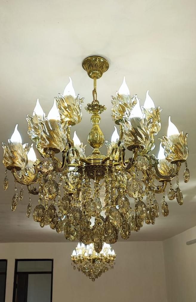 لوستر 16 شعله برنجی پرکار و سنگین تولیدی رستمی|لوستر و چراغ آویز|زنجان, |دیوار