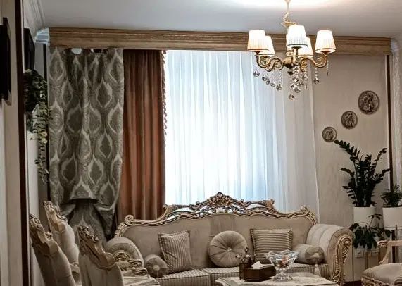 پرده پذیرایی حریر+ کتیبه ابی+ زیر پرده|پرده، رانر، رومیزی|تهران, مجیدیه|دیوار