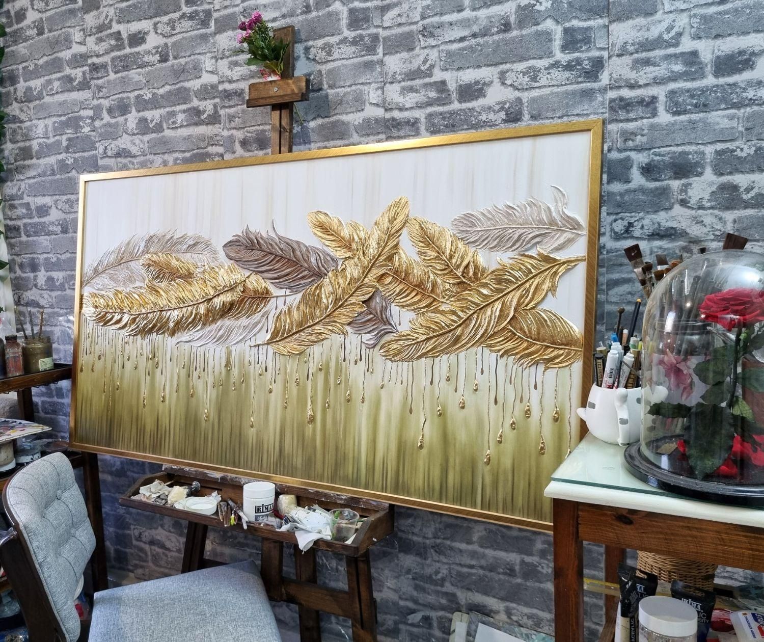 تابلو نقاشی فوق برجسته پرهای طلایی|تابلو، نقاشی، عکس|تهران, عباس‌آباد|دیوار