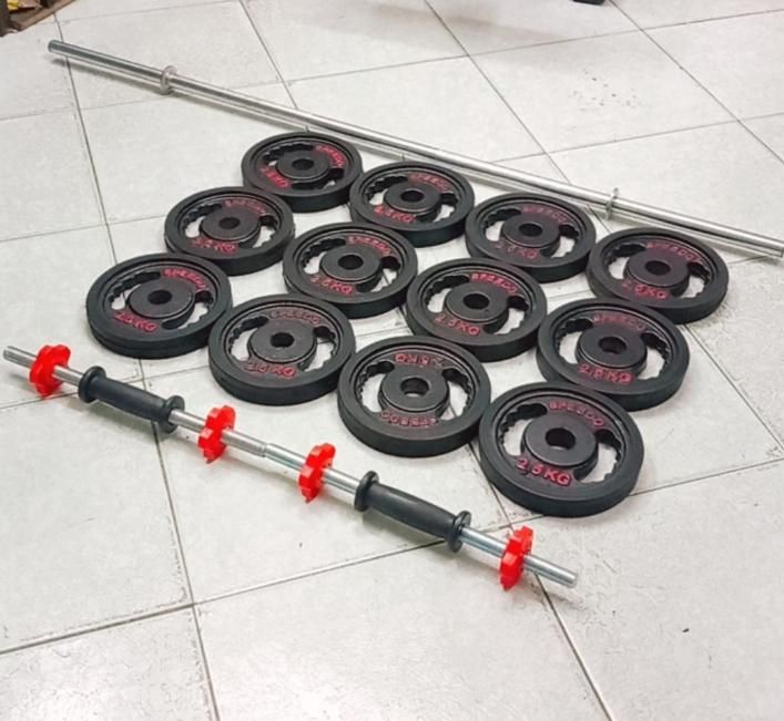 ۱۲عددوزنه۲.۵کیلویی با دمبل و هالتر۱/۵متری|تجهیزات ورزشی|تهران, افسریه شمالی|دیوار