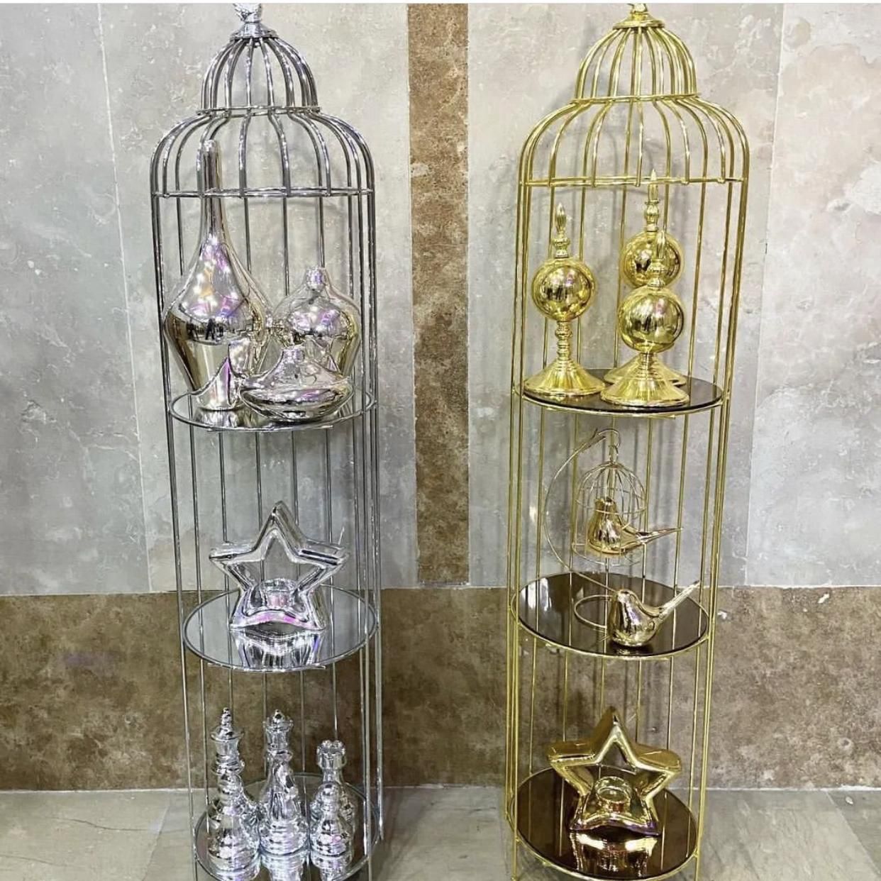 استند قفس تزئینی و دکوری کنار سالنی فلزی سه طبقه|بوفه، ویترین، کنسول|آفتاب, |دیوار