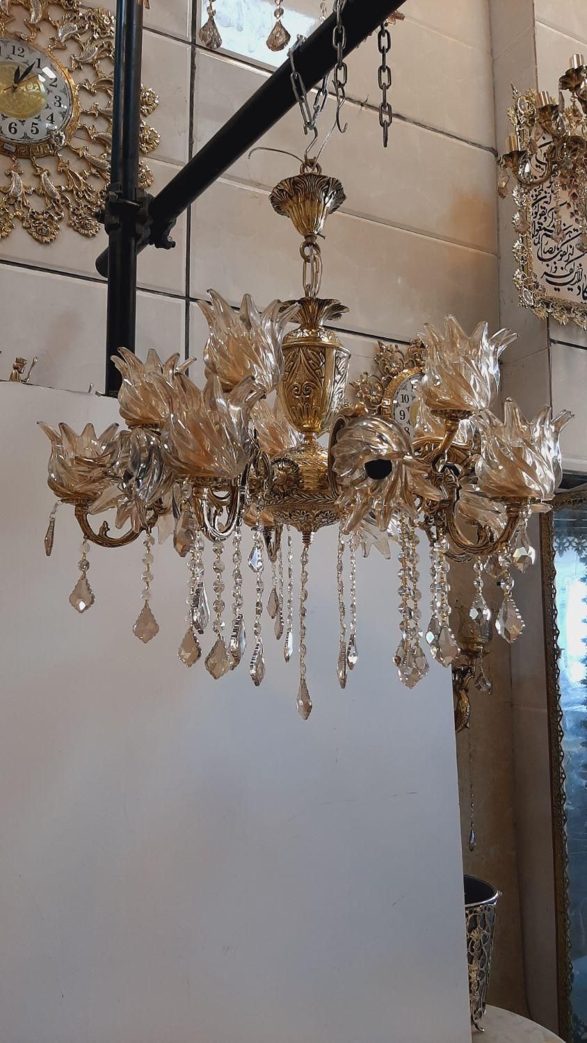 لوستر ۱۰شاخه ۱۵شعله واژگون سنگین پرکار برنز سوگلی|لوستر و چراغ آویز|زنجان, |دیوار