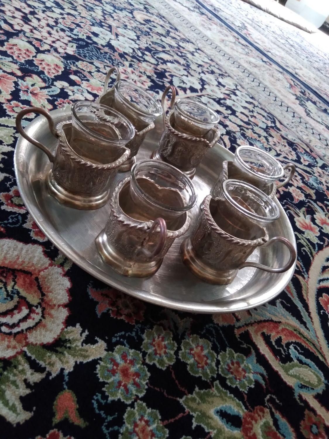 انگاره(چای خوری برنج)باسینی مس وقندان برنج|کلکسیون اشیاء عتیقه|کرمان, |دیوار