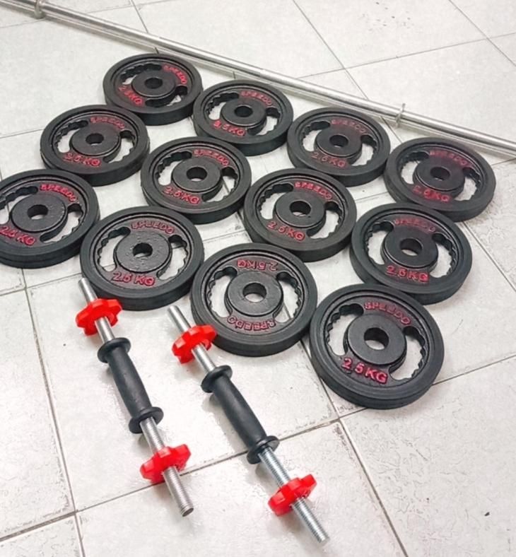 ۱۲عددوزنه۲.۵کیلویی با دمبل و هالتر۱/۵متری|تجهیزات ورزشی|تهران, افسریه شمالی|دیوار