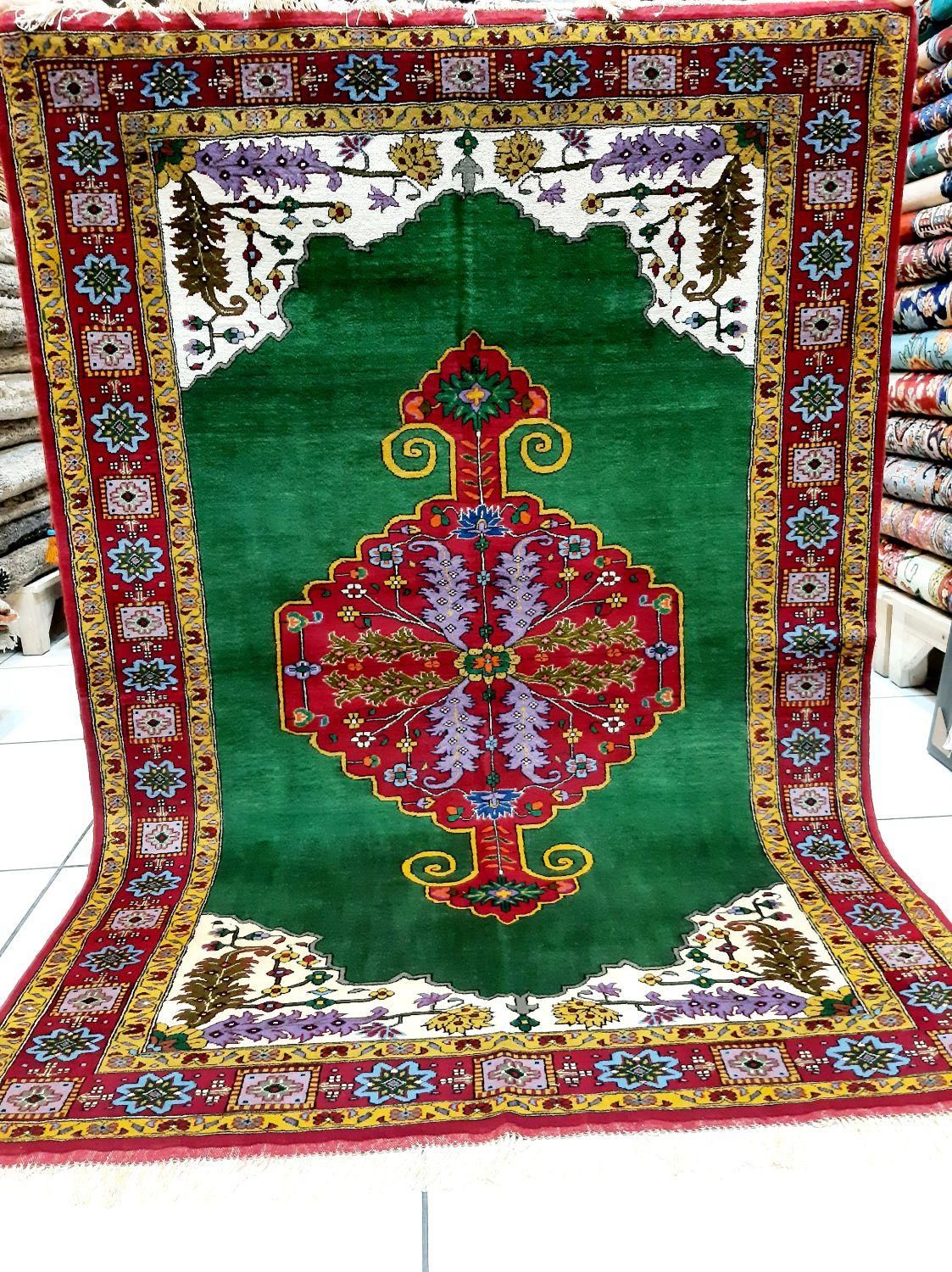 قالیچه سه متری سبز کف ساده چله ابریشم خراسان|فرش|تهران, حر|دیوار