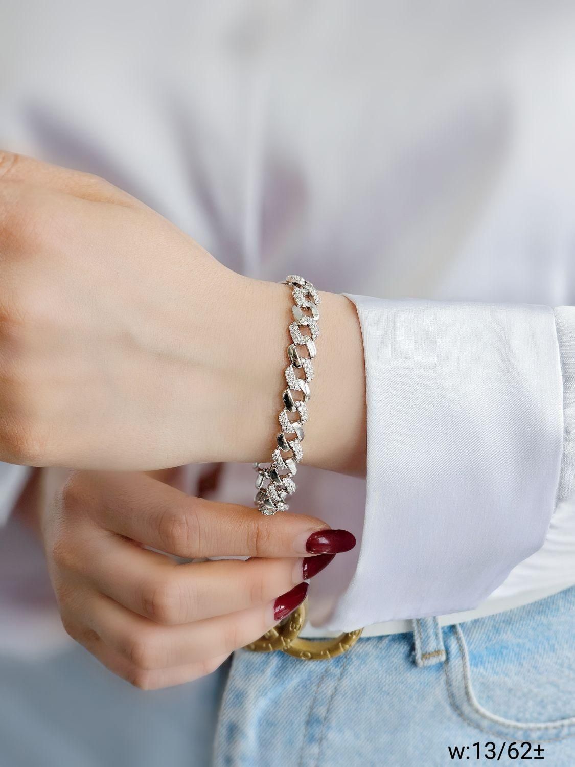 دستبند نقره کارتیه یک در میان نگین دار روکش طلا|بدلیجات|تبریز, |دیوار