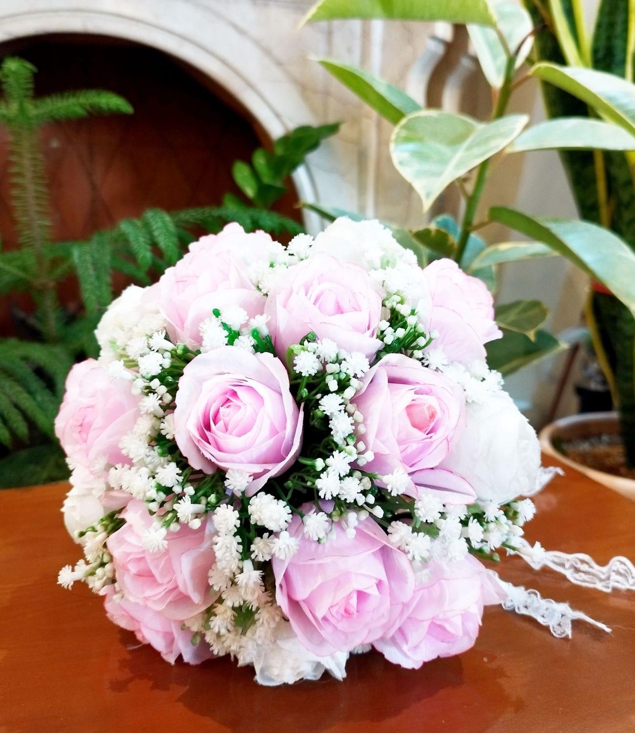 دسته گل عروس رز شکوفه|گل مصنوعی|ری, سرتخت|دیوار