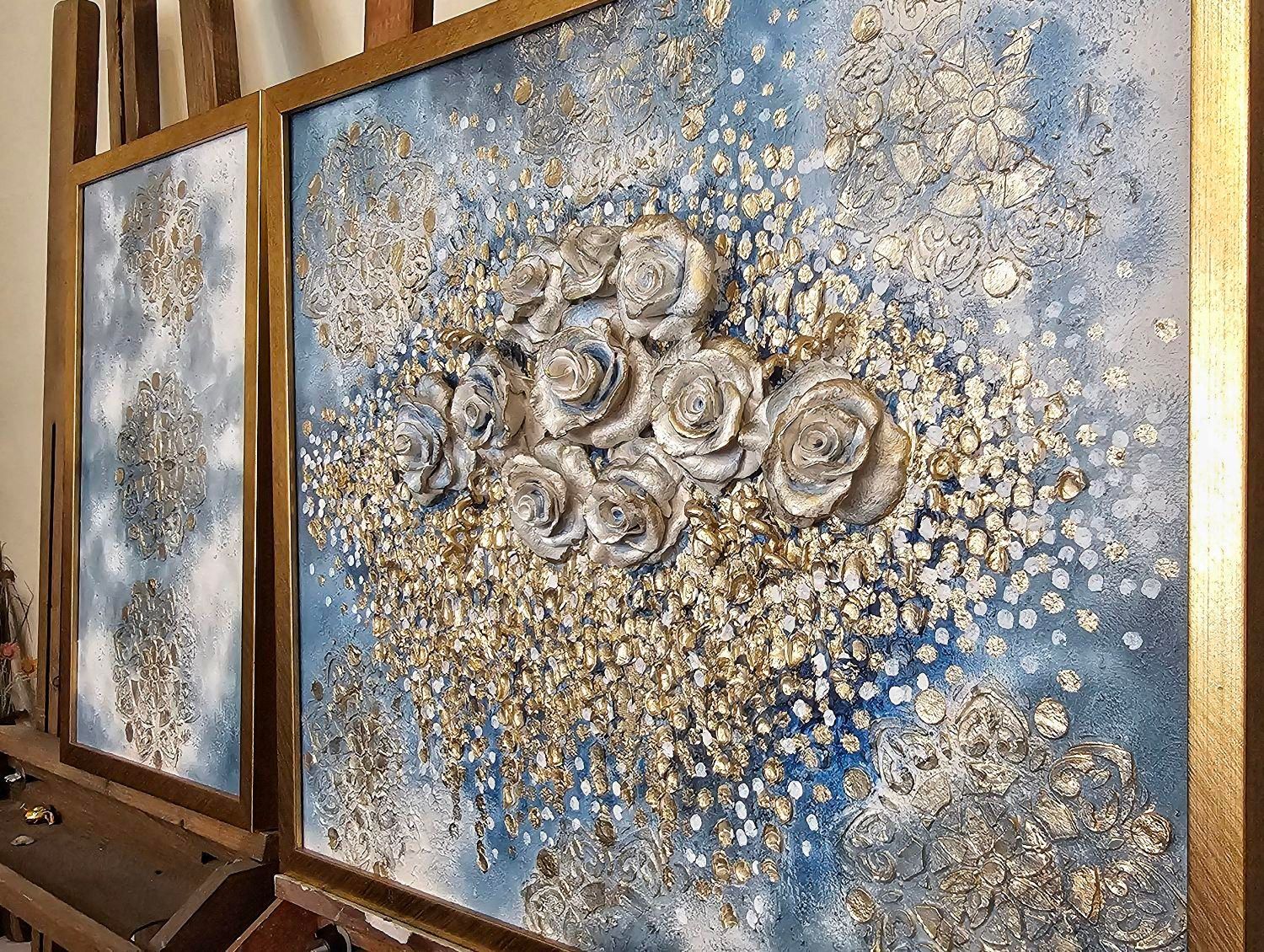 تابلو نقاشی پتینه و رزهای برجسته، ورق طلا|تابلو، نقاشی، عکس|تهران, عباسآباد|دیوار