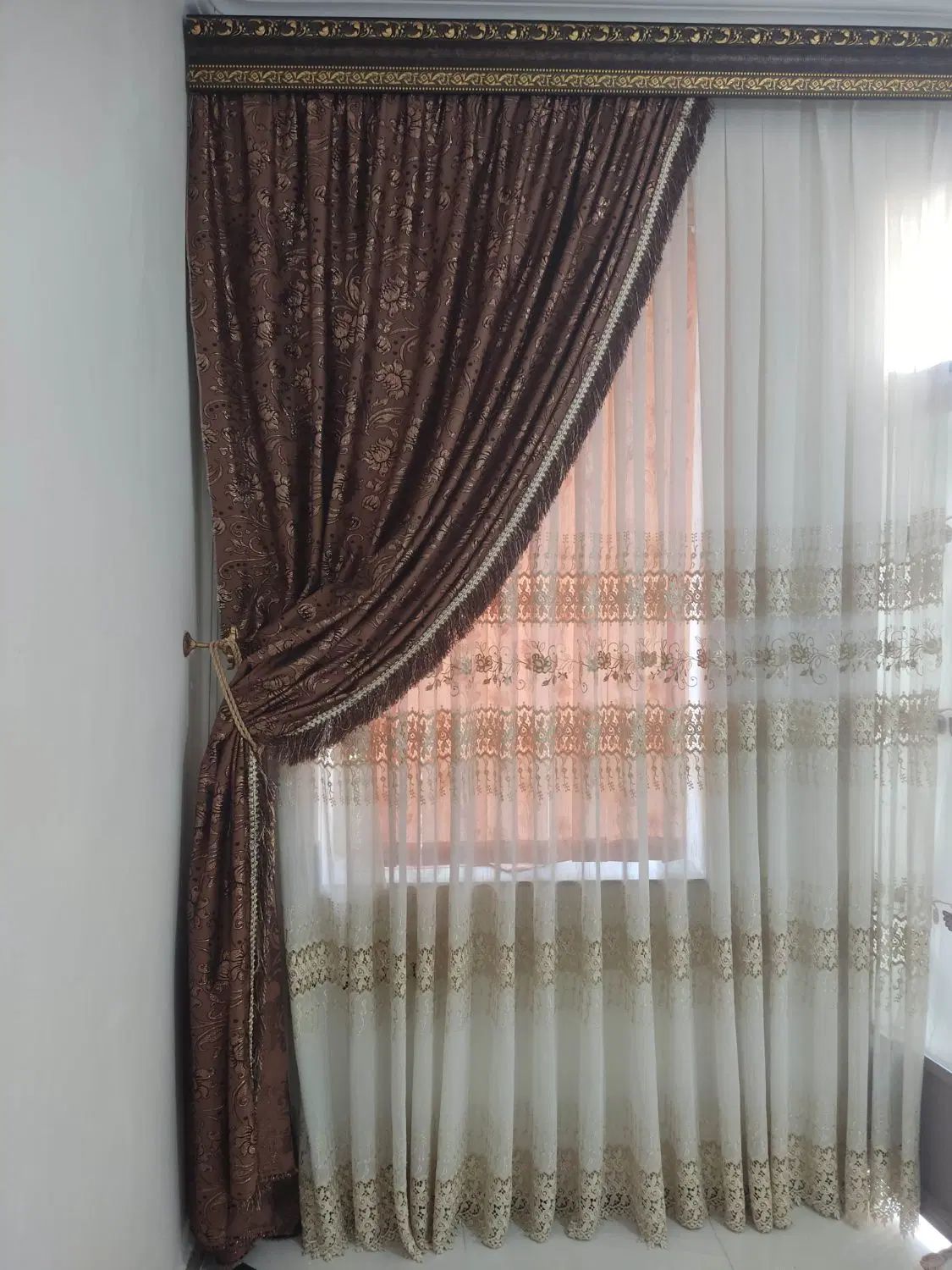 فروش پرده کتان ابریشم ب همراه شال وکتیبه|پرده، رانر، رومیزی|میاندوآب, |دیوار