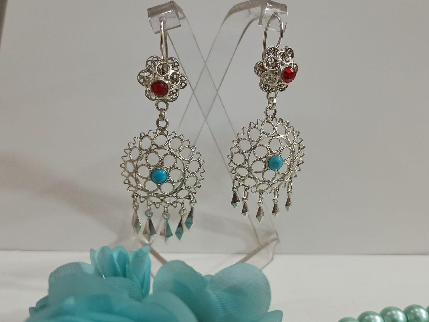 گوشواره نقره ملیله اصفهان نگین فیروزه نیشابورکد۵۱۲|جواهرات|اصفهان, مولوی|دیوار