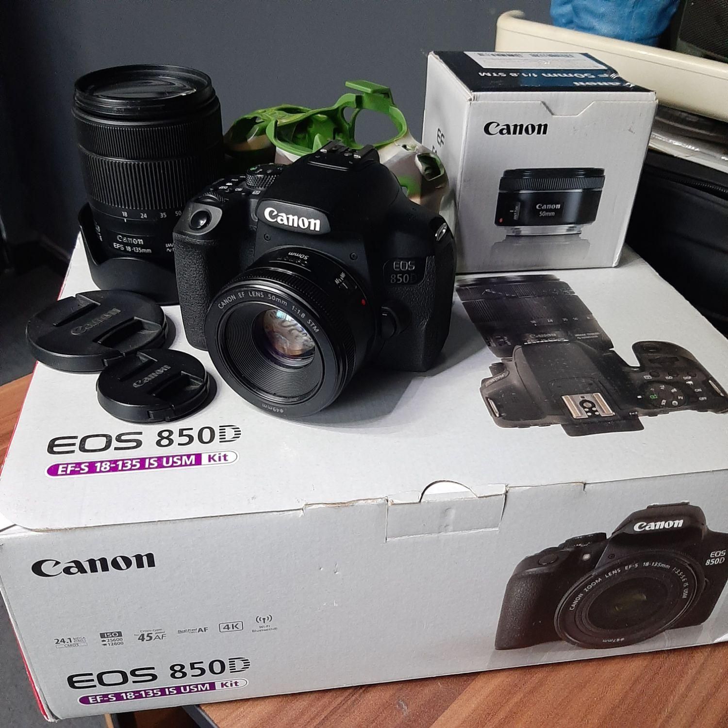 دوربین کانن 850d با لنز 50 f1.8 همراه با کارتن|دوربین عکاسی و فیلم‌برداری|کرج, فاز ۱ مهرشهر|دیوار
