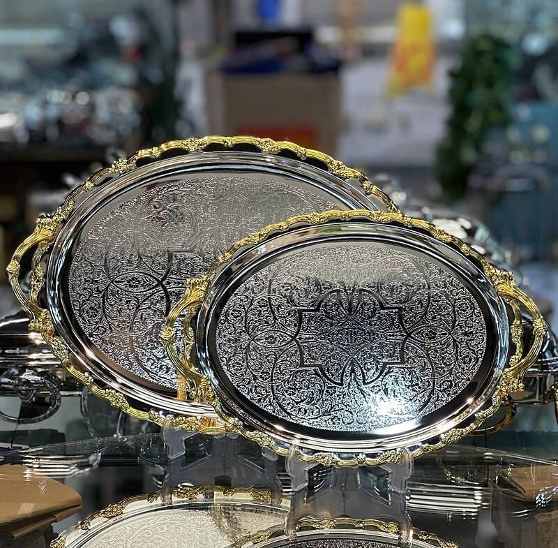 سینی دسته طلایی 24 ماهه گارانتی تعویض سینی دوتایی|ظروف سرو و پذیرایی|یزد, |دیوار