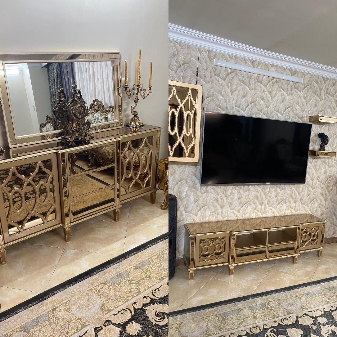 میزتیوی با شلف و باکس و اینه کنسول و ساعت اینه ای|بوفه، ویترین، کنسول|ری, دولت‌آباد|دیوار
