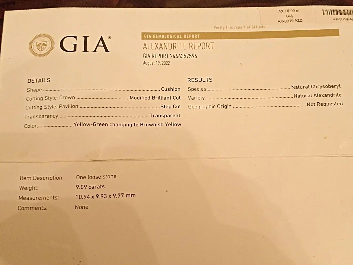 سنگ نایاب الکساندریت 9.09 قیراط باشناسنامه GIA|جواهرات|تبریز, |دیوار