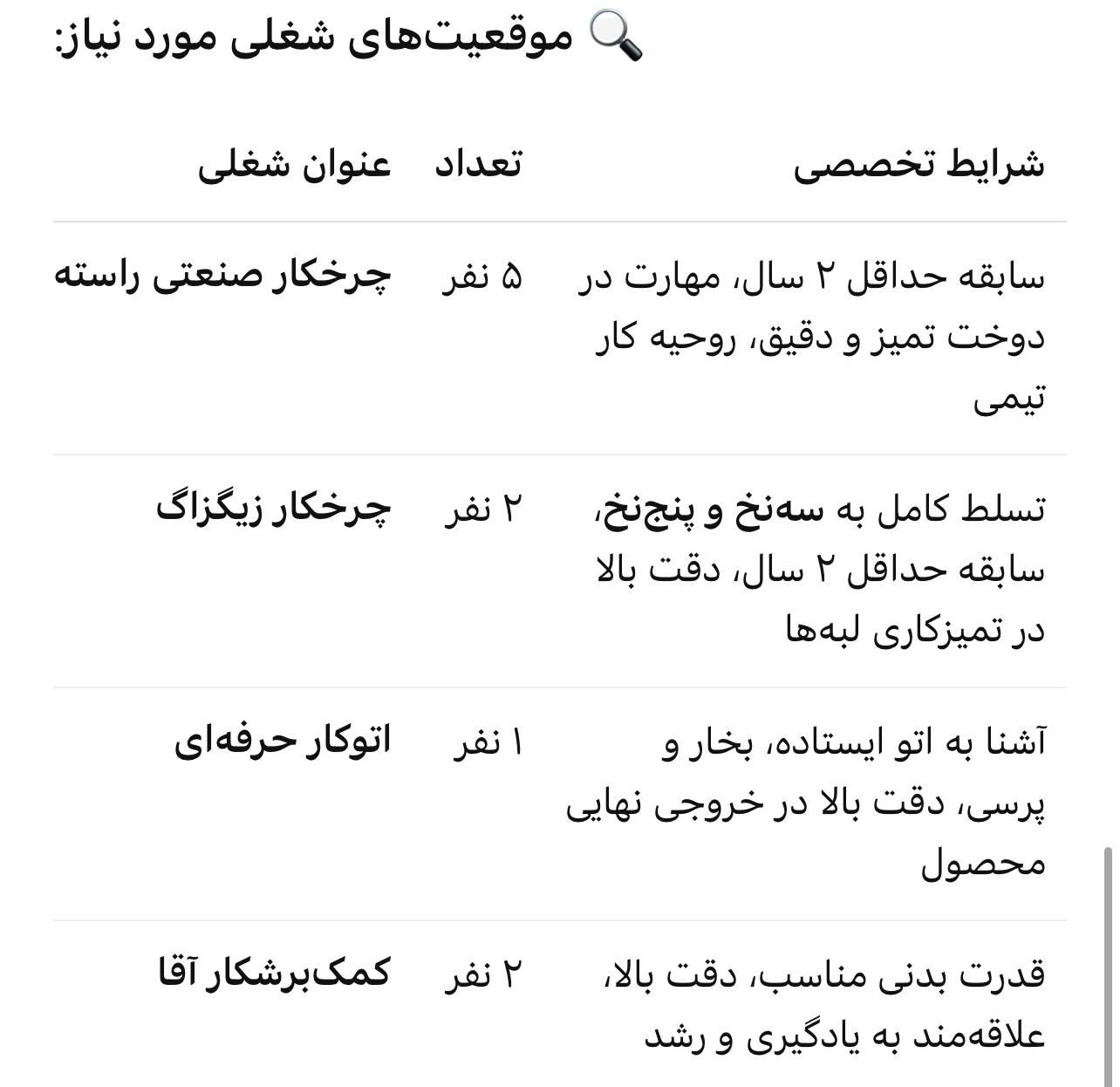 چرخکار،سردوزکار،اتو کار،کمک برشکار/شهرک صنعتی|استخدام صنعتی، فنی، مهندسی|رشت, شهرک صنعتی|دیوار