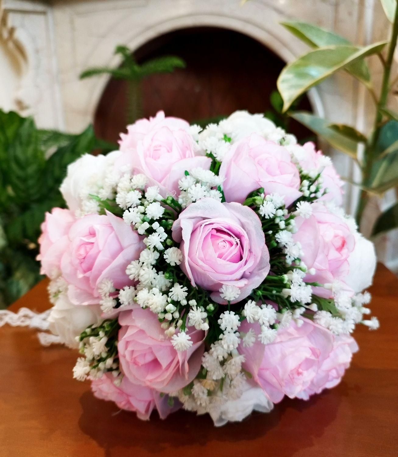 دسته گل عروس رز شکوفه|گل مصنوعی|ری, سرتخت|دیوار