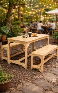 نیمکت چوبی و صندلی چوبی کافه ای