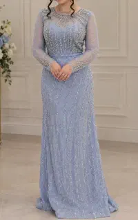 لباس مجلسی آبی فول کریستال سنگ کار شده