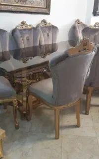 میز نهار خوری شیشه ای پایه چوبی هشت نفره