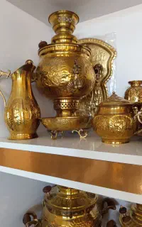 سماور برنز شش لیتری با قوری سینی پارچ کاسه